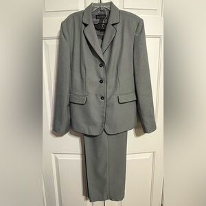 Gray Women's Pantsuit with jacket trim in navy by Stanley Blacker in size 14.